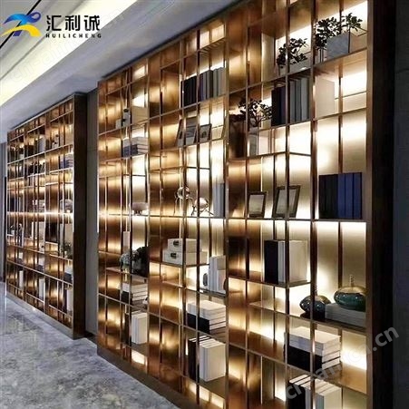 金色钛金大型不锈钢书柜带灯光展示置物收纳柜承接装饰工程