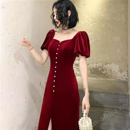 鱼尾敬酒服气质丝绒酒红色晚宴礼服裙