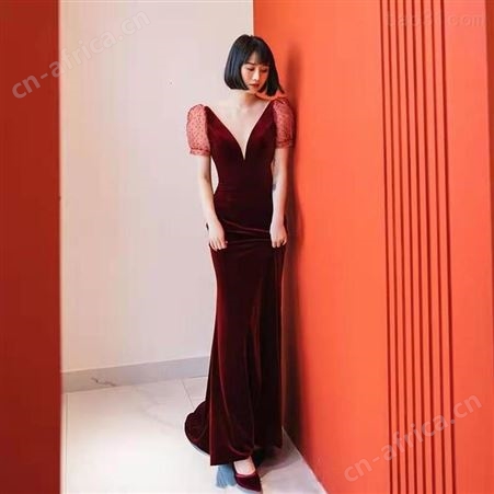 鱼尾敬酒服气质丝绒酒红色晚宴礼服裙