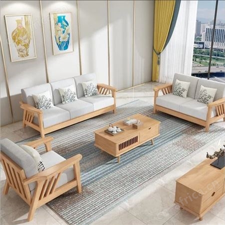 北欧实木转角贵妃现代轻奢沙发茶几组合 1+2+3布艺可拆洗客厅家具